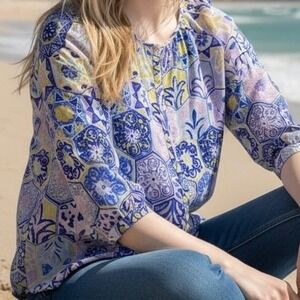 Talbots Blouse Sz M/P Blue Purple Geometric Tile Print Cotton 3/4 Boho Coastal